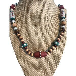 Handcrafted Wooden Clay Beads Necklace Multicolor Tribal Design Unique Statement